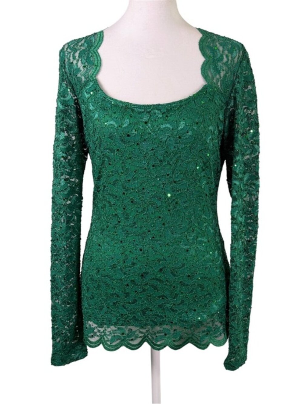 Boston Proper M Emerald Green Lace Sequin Open Back Holiday Top - Picture 2 of 10